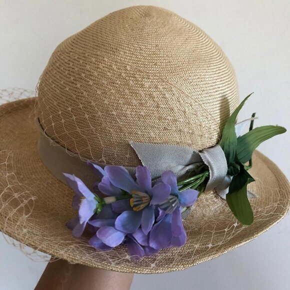 Vintage Floral Hat with Veil - Betmar New York - Tan Hat with Purple Flowers main image 5